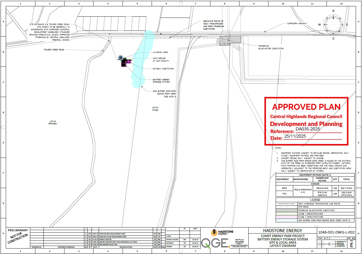 Approved plan for Comet Energy Park — Central Highlands Regional Council site and local area layout diagram, reference DA035-2025